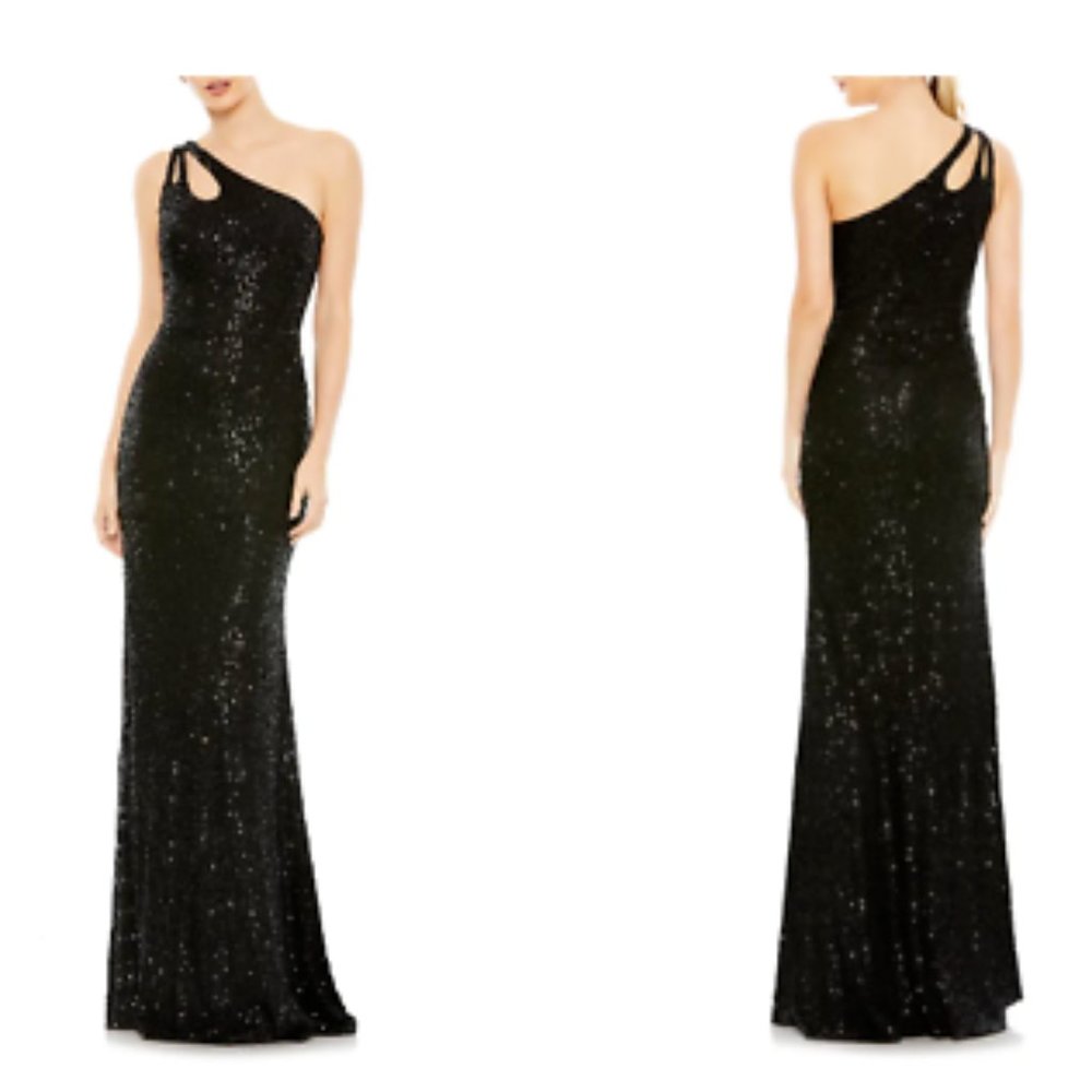 MAC DUGGAL ONE SHOULDER SEQUIN BLACK BALLGOWN sz 10